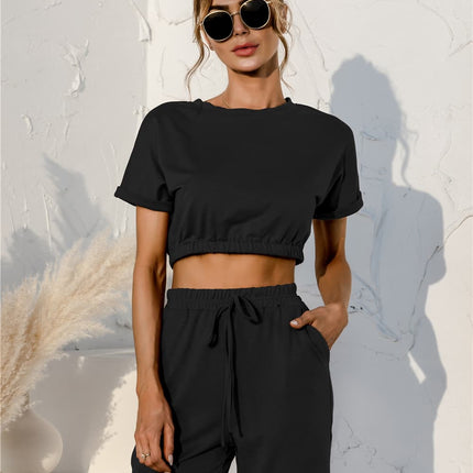 Short Sleeve Cropped Top and Drawstring Shorts Lounge Set - Image 1