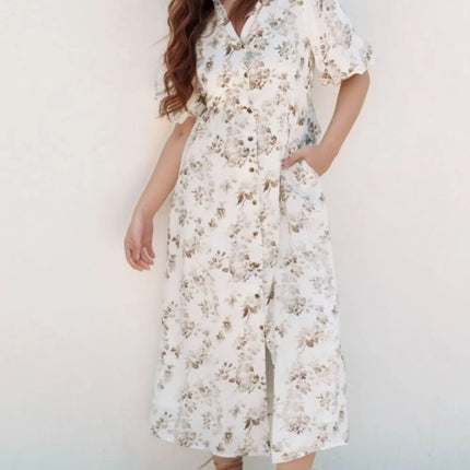Printed Button Front Puff Sleeve Dress - Image 2