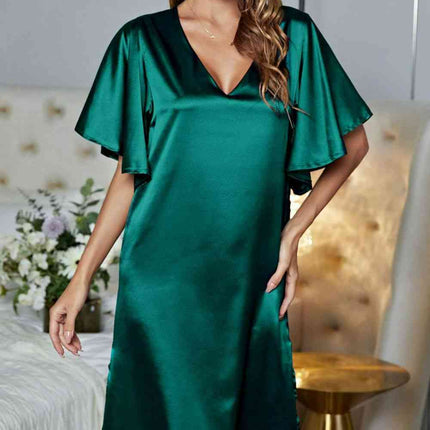 Satin Flutter Sleeve Side Slit V-Neck Night Dress - Image 10