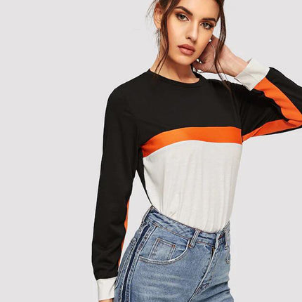 Shiny Color Block Round Neck Long Sleeve Tee - Image 4