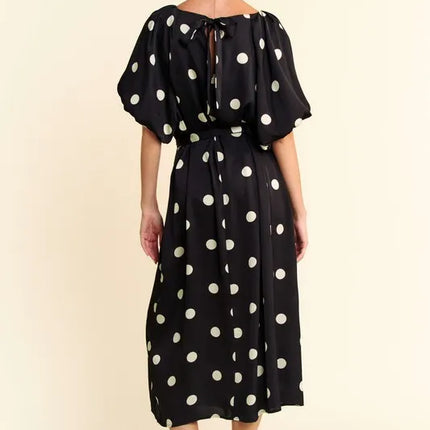 Davi & Dani Polka Dot Puff Sleeves Waist Tie Midi Dress - Image 8