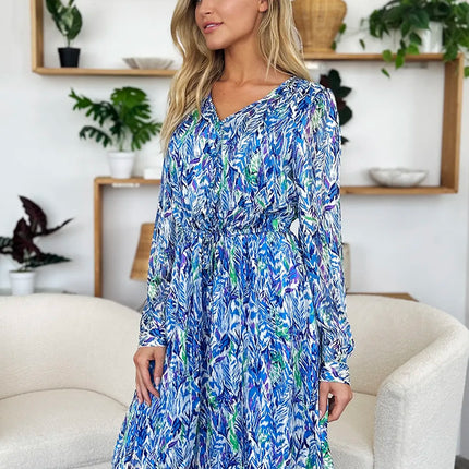 Double Take Full Size Printed Drawstring Waist Long Sleeve Dress - Image 16