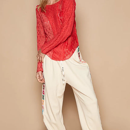 POL Exposed Seam Long Sleeve Lace Knit Top - Image 4