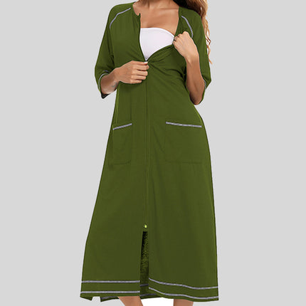 Zip Up Slit Round Neck Night Dress with Pockets - Image 22