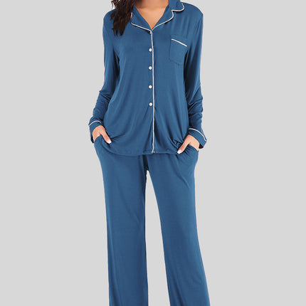 Collared Neck Long Sleeve Loungewear Set with Pockets - Image 10