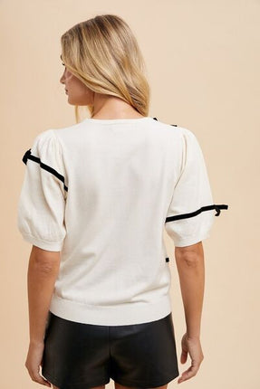 Annie Wear Striped Bow Round Neck Knit Top - Image 3