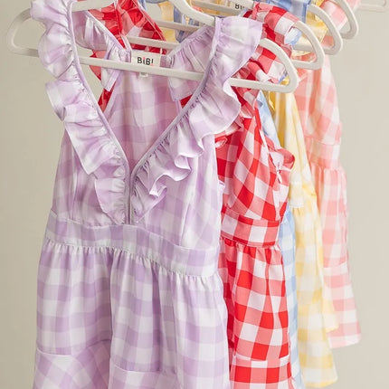 BiBi Ruffled Neckline Sleeveless Check Plaid Peplum Top - Image 6