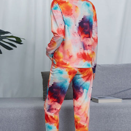 Shiny Tie-Dye Crewneck Top and Drawstring Waist Joggers Lounge Set - Image 6
