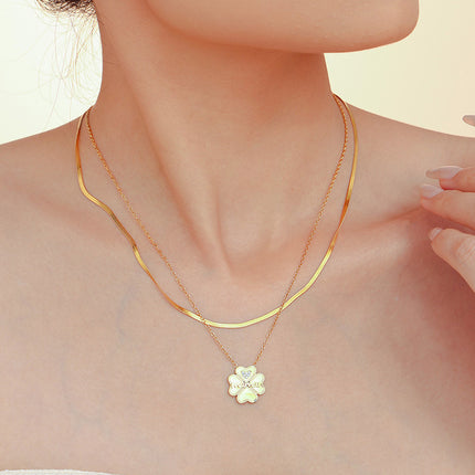 2 Piece 18K Gold-Plated Inlaid Zircon Lucky Clover Necklace - Image 8