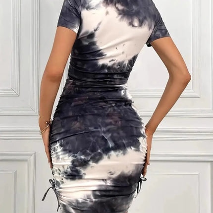 Drawstring Tie-Dye Round Neck Short Sleeve Dress - Image 3