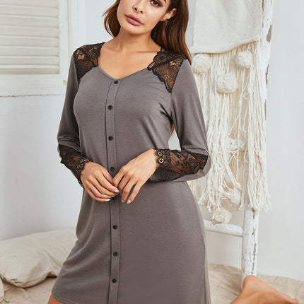 Lace Detail Long Sleeve Mini Lounge Dress - Image 4