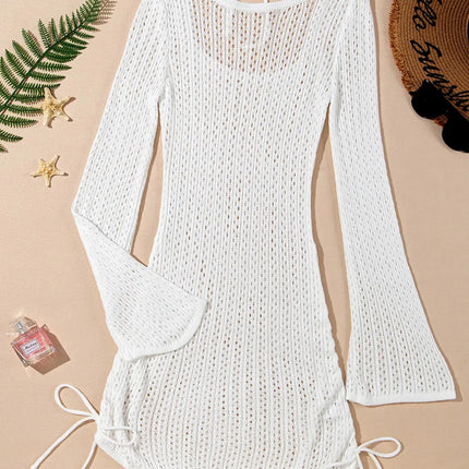 Hollow Out Bell Sleeve Drawstring Knit Cover Up Dress - Image 5