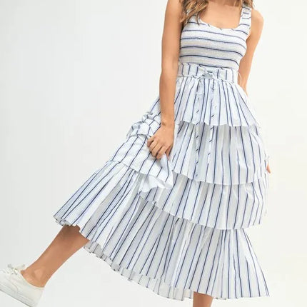 MABLE Pin Stripe Smocked Bodice Layered Midi Dress - Image 5