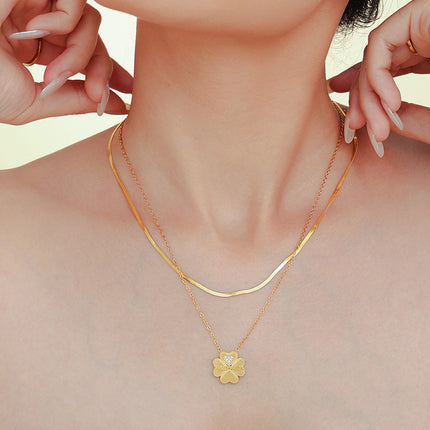 2 Piece 18K Gold-Plated Inlaid Zircon Lucky Clover Necklace - Image 7