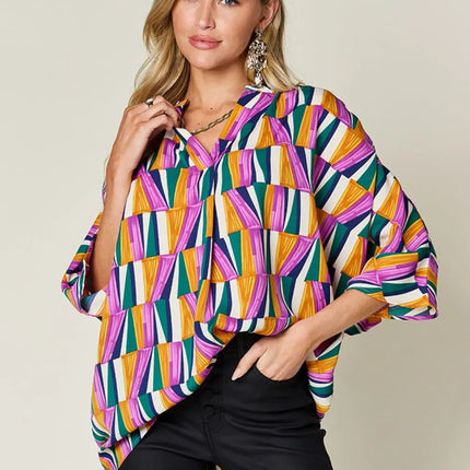 Double Take Full Size Geometric Notched Dolman Sleeve Top - Image 3