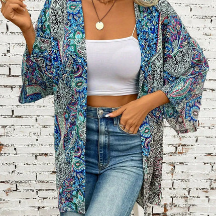 Printed Open Front Three-Quarter Sleeve Cover Up - Image 4