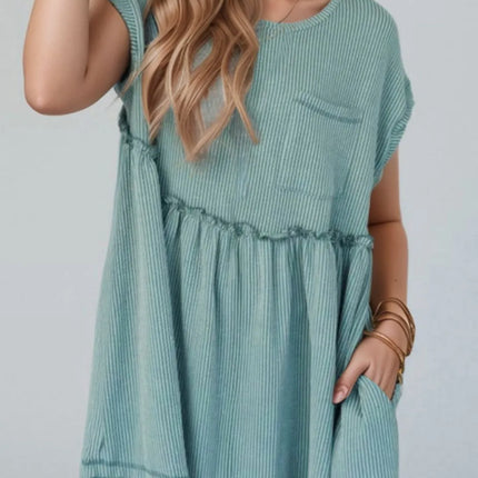 Frill Round Neck Cap Sleeve Mini Dress - Image 2