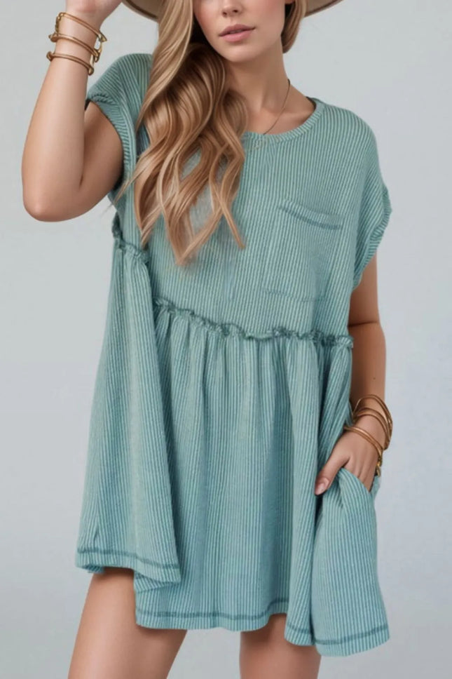 Frill Round Neck Cap Sleeve Mini Dress