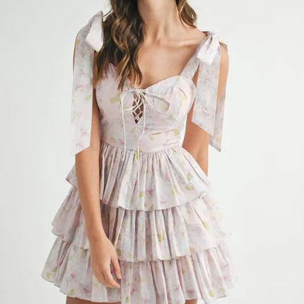 MABLE Floral Print Shoulder Tie Layered Mini Dress - Image 1