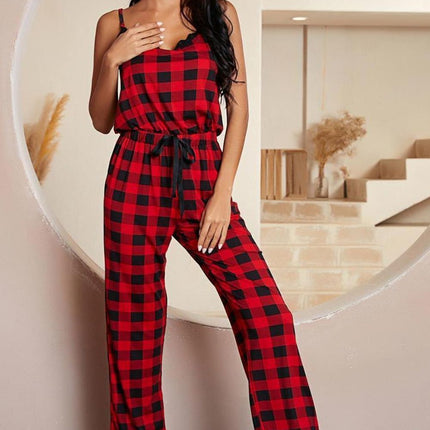 Plaid Lace Trim Spaghetti Strap Jumpsuit - Image 1