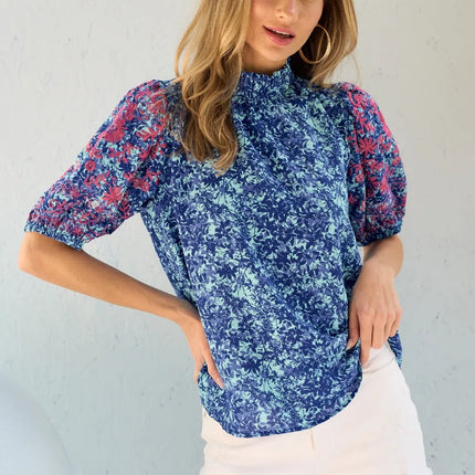 Hailey & Co Embroidered Puff Sleeve Printed Blouse - Image 1