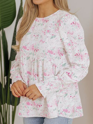 Printed Round Neck Long Sleeve Blouse - Image 4