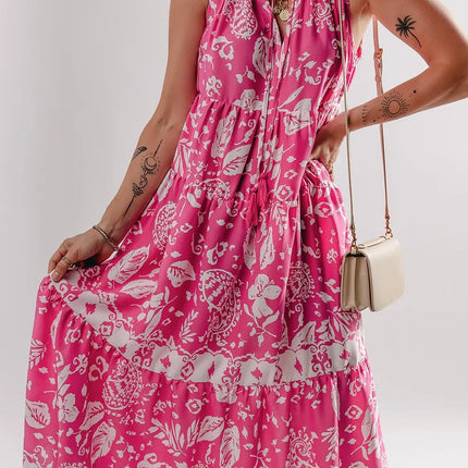 Floral Sleeveless Tasseled Tie Neck Tiered Midi Dress - Image 1