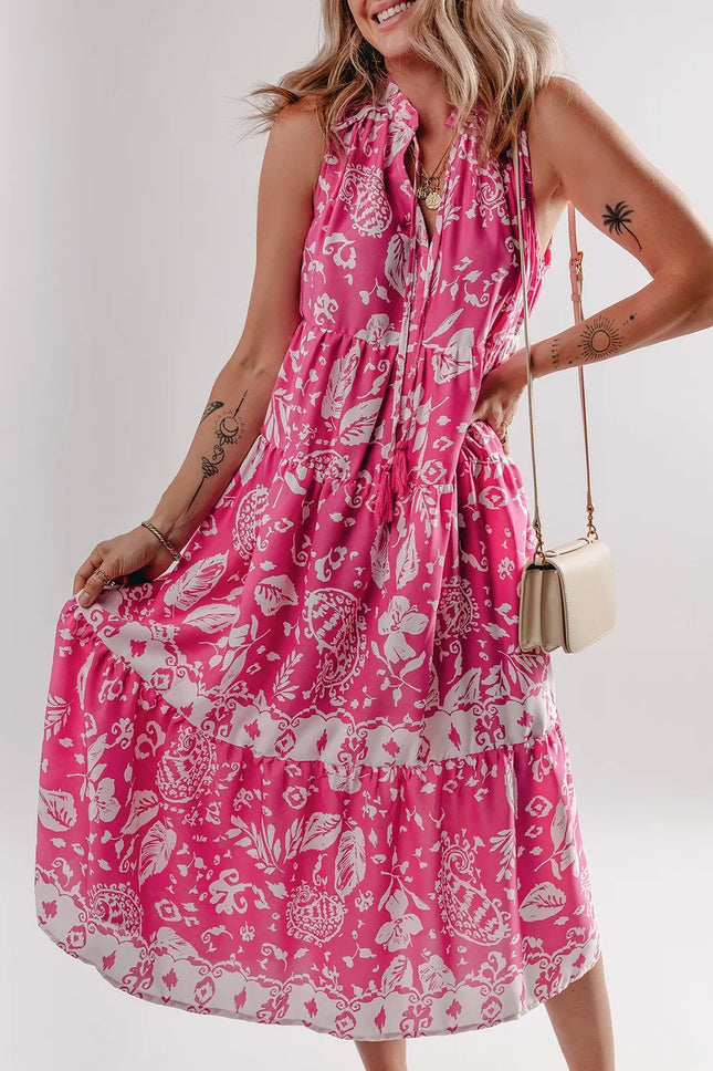 Floral Sleeveless Tasseled Tie Neck Tiered Midi Dress