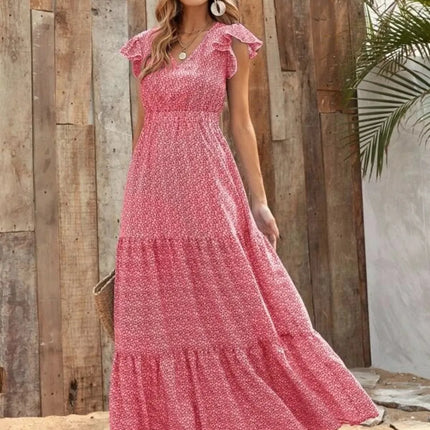 Printed V-Neck Ruffled Cap Sleeve Maxi Dress - Image 9