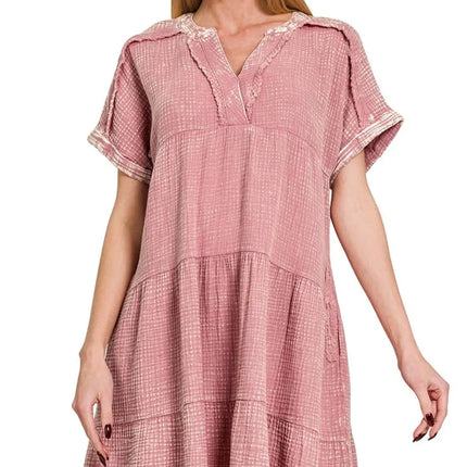 Zenana Washed Double Gauze Raw Edge V-Neck Dress - Image 1