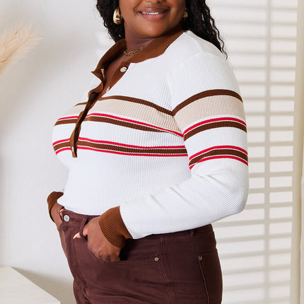 Basic Bae Striped Collared Neck Rib-Knit Top - Image 7