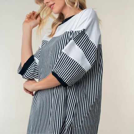 White Birch Full Size Striped Contrast Round Neck Top - Image 3