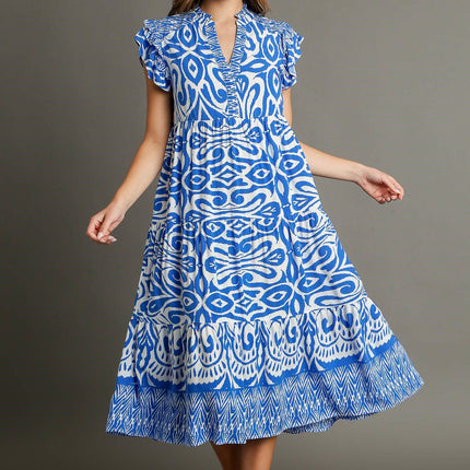 Umgee Full Size Two Tone Border Print Ruffle Cap Sleeve Midi Dress Plus Size - Image 2