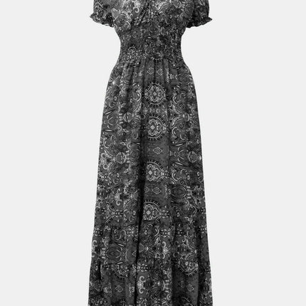 Full Size Smocked Printed V-Neck Short Sleeve Dress - Image 11