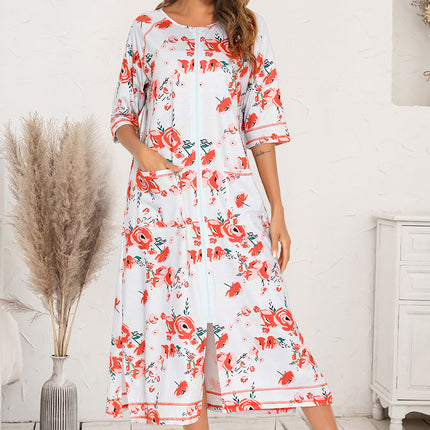 Printed Slit Night Dress with Pockets - Image 1