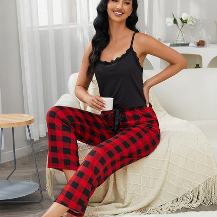 Lace Trim Cami and Plaid Pants Lounge Set - Image 3
