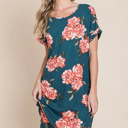 BOMBOM Floral Round Neck Short Tee Dress with Pockets - Image 2