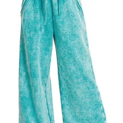 Zenana Acid Wash Fleece Palazzo Sweatpants with Pockets - Image 1