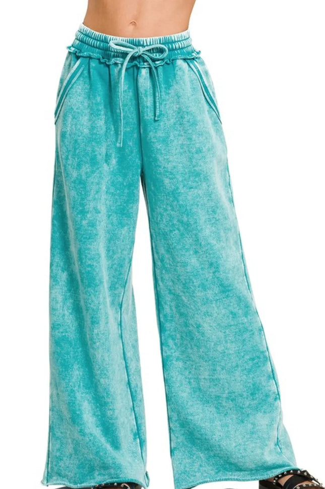 Zenana Acid Wash Fleece Palazzo Sweatpants with Pockets