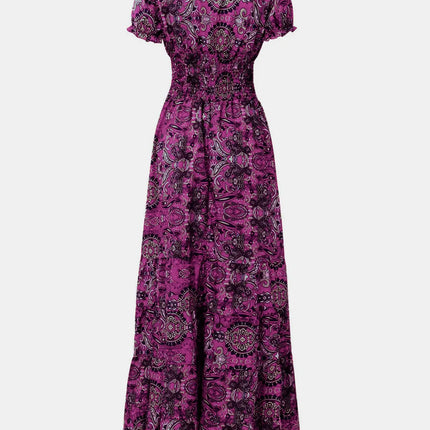 Full Size Smocked Printed V-Neck Short Sleeve Dress - Image 8