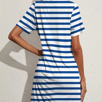 Contrast Striped Round Neck Short Sleeve Dress - Image 2