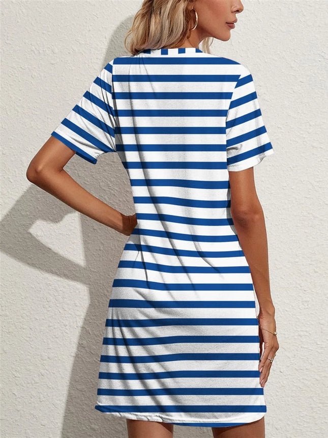 Contrast Striped Round Neck Short Sleeve Dress