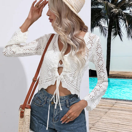 Openwork Drawstring V-Neck Long Sleeve Cover-Up - Image 5