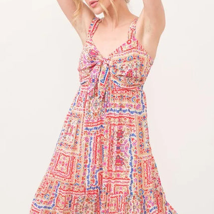 And The Why Tied Front Smocked Back Tiered Boho Printed Dress - Image 1