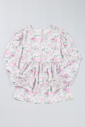 Printed Round Neck Long Sleeve Blouse - Image 7