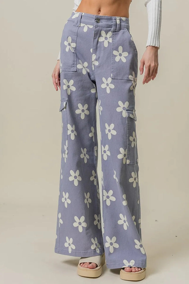 BiBi Flower Printed Side Pocket Wide Pants