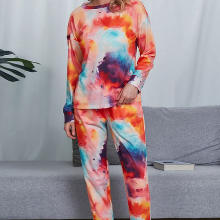 Shiny Tie-Dye Crewneck Top and Drawstring Waist Joggers Lounge Set - Image 5
