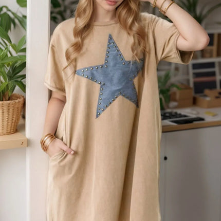 Mineral Wash Stud Beaded Star Pocketed T Shirt Dress - Image 2