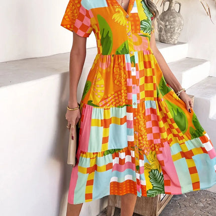 Devine Printed Johnny Collar Button Down Short Sleeve Midi Shirt Dress - Image 15