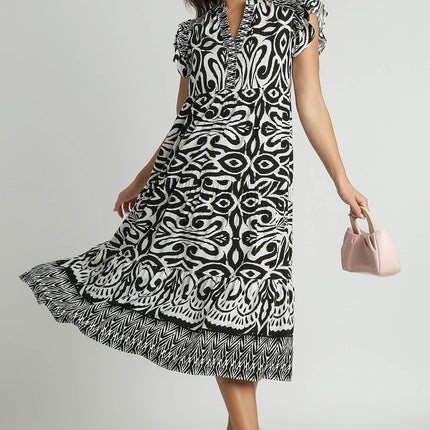 Umgee Full Size Two Tone Border Print Ruffle Cap Sleeve Midi Dress Plus Size - Image 4